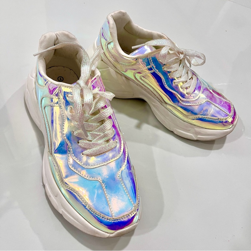 Unicorn Pastel Holographic Lace Up Sneakers Lucky Step Size 7 Platform Kicks EUC